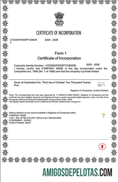 Certificado de Incorporação da Índia para impressão, modelo Word e PDF, Versão 2